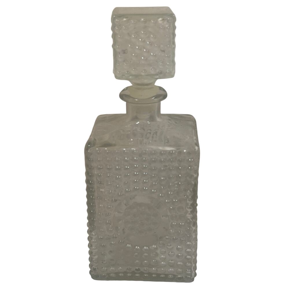 Vintage Clear Glass Decanter Hobnail Pattern MCM Barware Medallion Design 10"